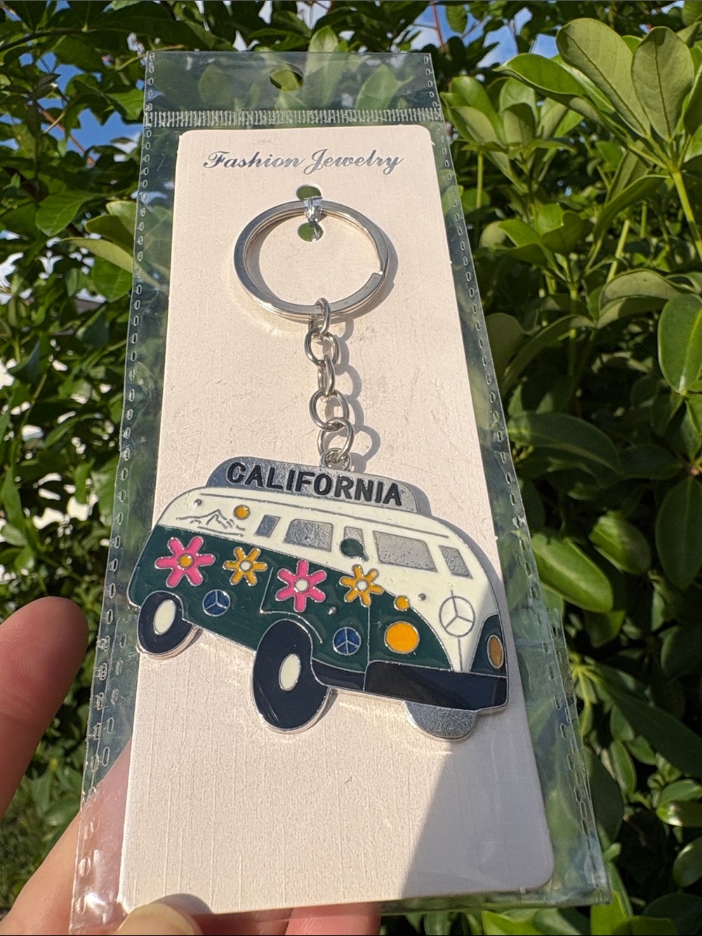 California Flower Bus Keychain - Silver Tone